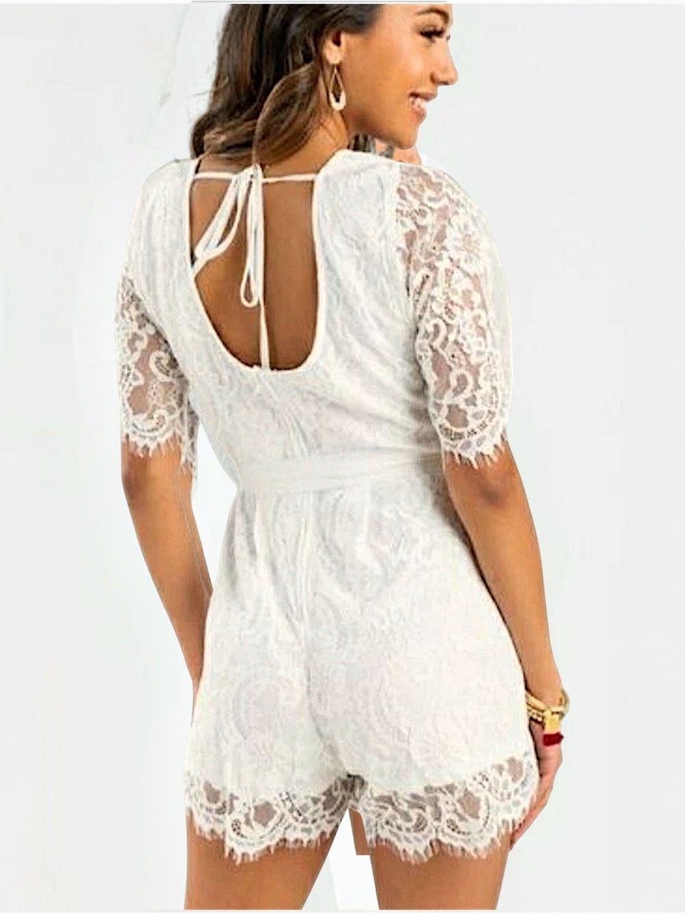 NEW miami Ivory Whiskered Lace Overlay Belted Short Sleeve Romper Women’s Size S